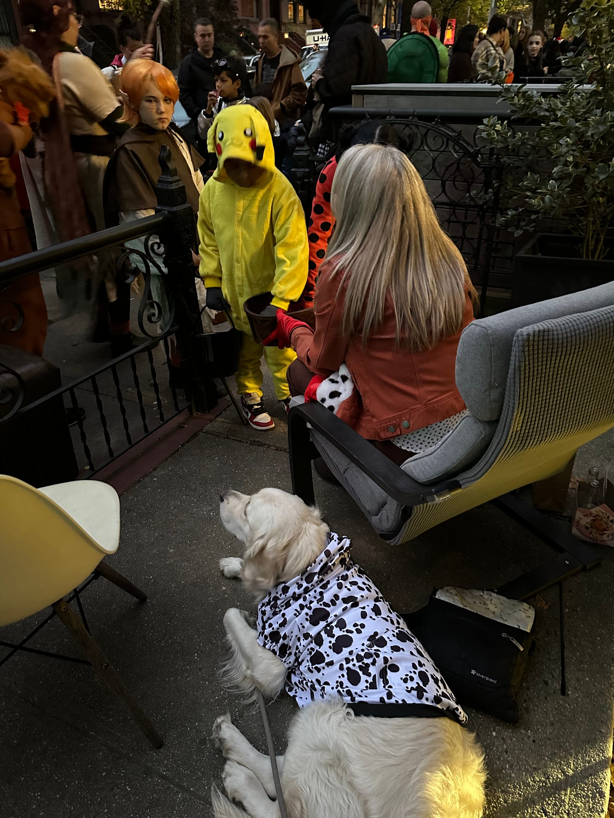 Colin's mom and Nala handing out candy on Halloween